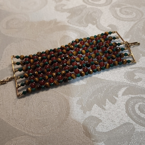 VINTAGE 1970s Natural Stone BRACELET – Vein Agate, Malachite, Tiger Eye - Picture 2 of 14